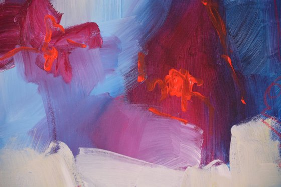 The Peers of the Realm, 48"x72" (121 cm x 182 cm), red magenta and blue large abstract triptych