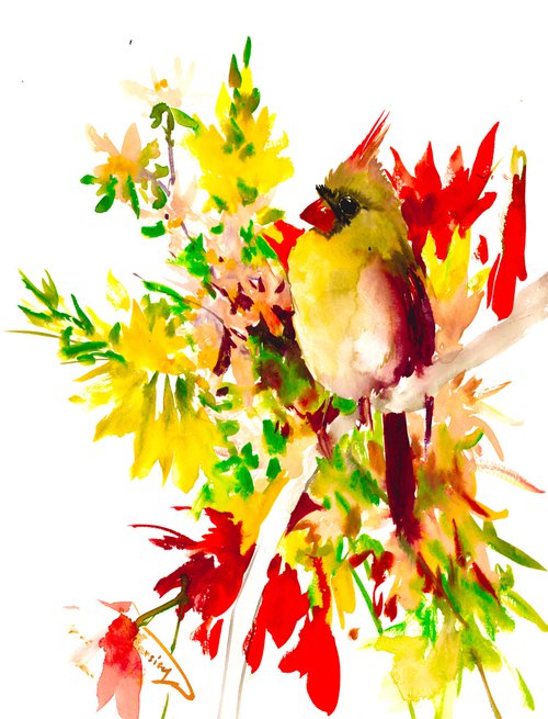 Cardinal Bird and flowers by Suren Nersisyan