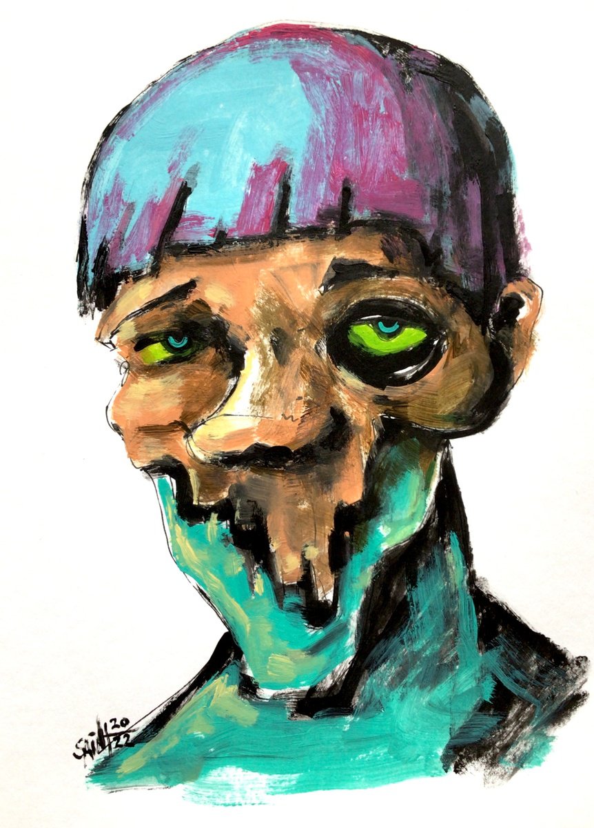 #1 Abstract zombie portrait painting original art, Mutant Horror Naive Outsider Folk Art B... by Ruslan Aksenov