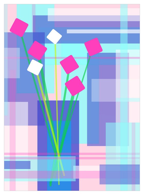 Bouquet flowers in a vase pink blue yellow white