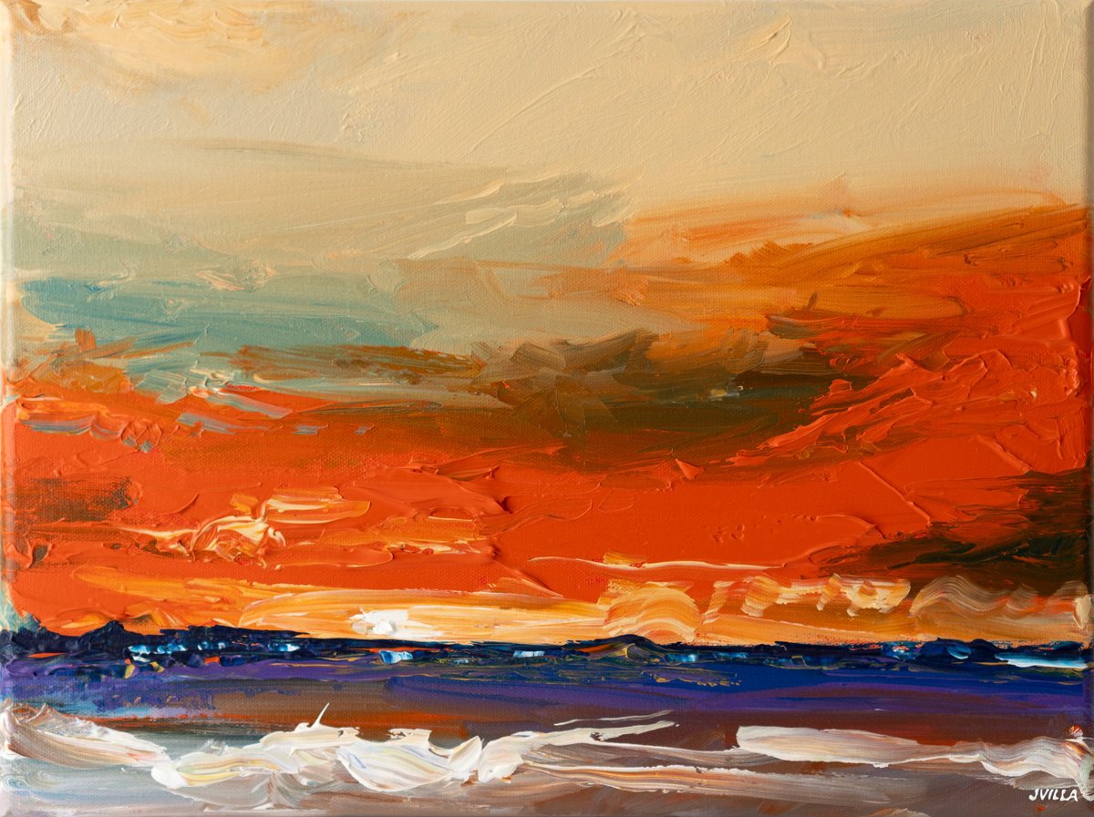Impressionistic Landscape Acrylic Painting By Joseph Villanueva, 16 X 12", Horizon Ablaze 2, Original Artwork