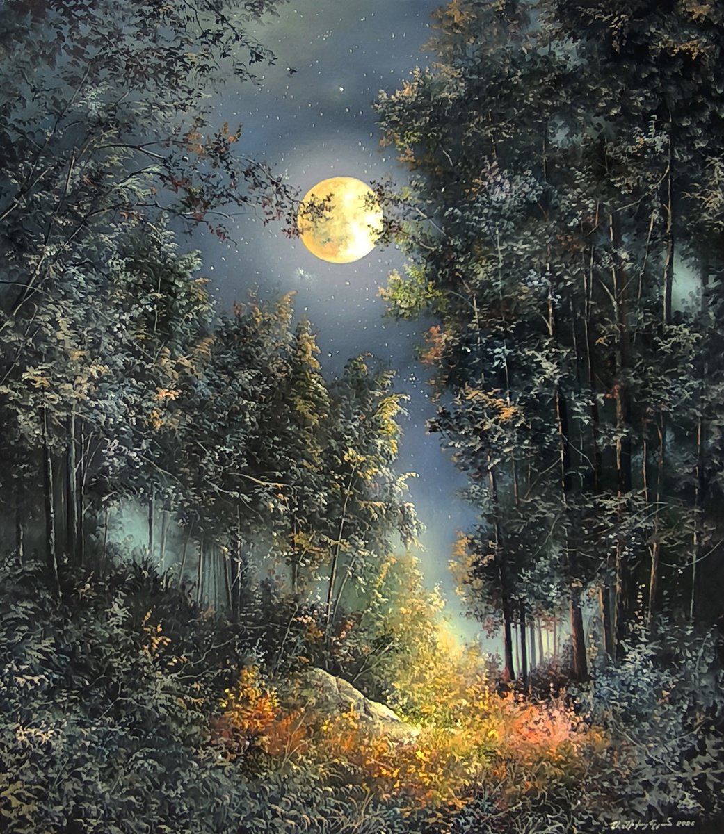 Photorealistic Oil Painting , Full Moon In The Woods By Sergei Miqaielyan, 24 X 28, Artwork For Sale On Artfinder