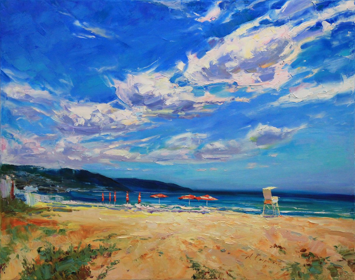 Impressionistic Cityscapes Oil Painting By Alisa Onipchenko-Cherniakovska, 39 X 31, Summer Morning On The Beach, Artfinder