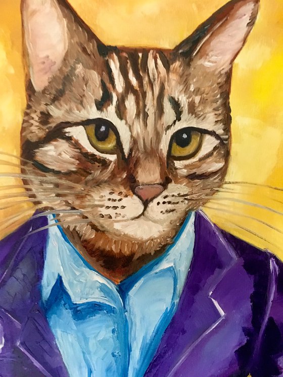 Troy The  Cat, dressed smart,   oil painting for cat lovers