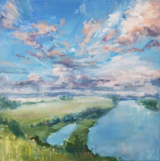Oil painting Landscape River Field Clouds Sky