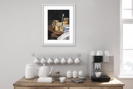Still life with jars of honey on a wooden table. Original artwork.