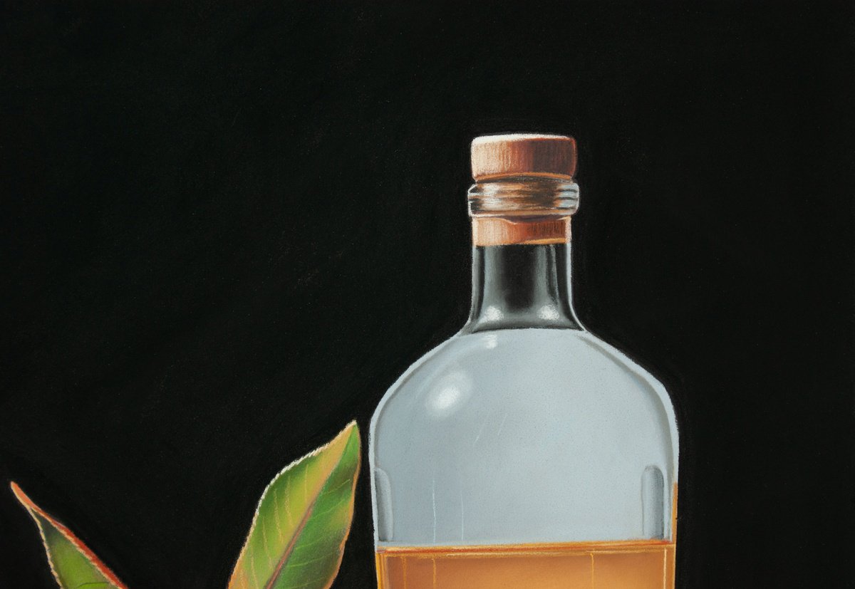 Photorealistic Still Life Pastel Drawing By Dietrich Moravec, 16 X 16, Fruit Liqueur, Original Artwork