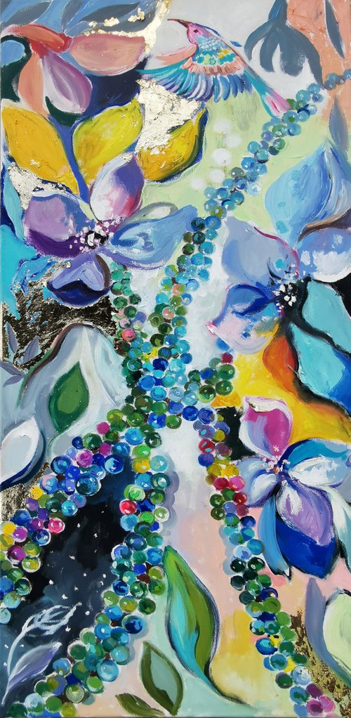 Emerald and blue flowers painting with hummingbird by Annet Loginova