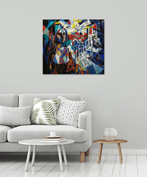 Waiting (90x80cm, cubism, oil painting, ready to hang)