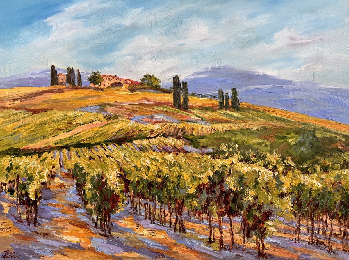 Impressionistic Landscape Oil Painting By Diana Malivani, 31 X 24, Vignes Sous Le Soleil, Original Artwork