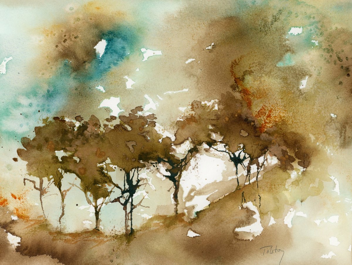 Impressionistic Landscape Watercolour By Alex Tolstoy, 14 X 10, Grove, Original Artwork