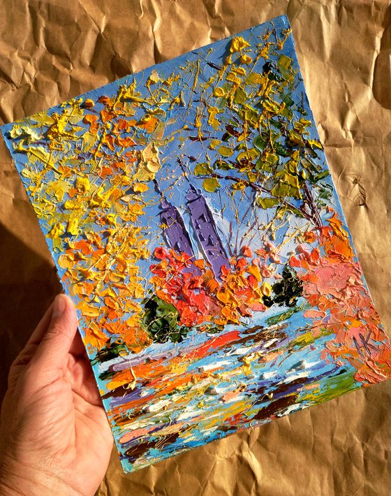 NYC Fall Painting Cityscape Original Art New York Small Oil Artwork Autumn Impasto Pallete Knife Wall Art 8 by 10" by Halyna Kirichenko