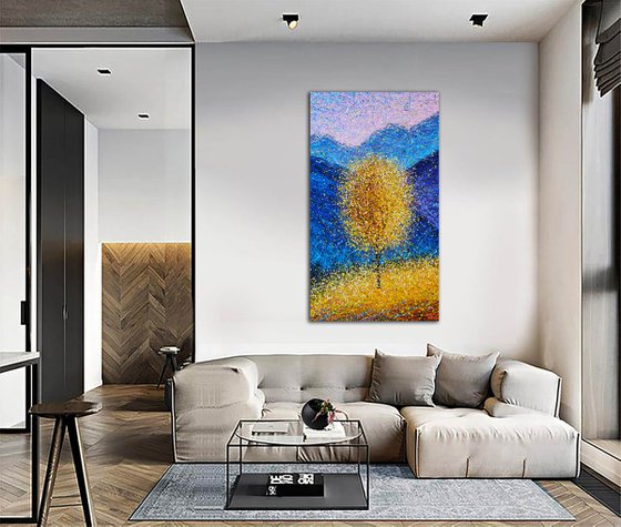 Yellow bright painting Autumn modern landscape Sunny autumn tree Mountains vertical art