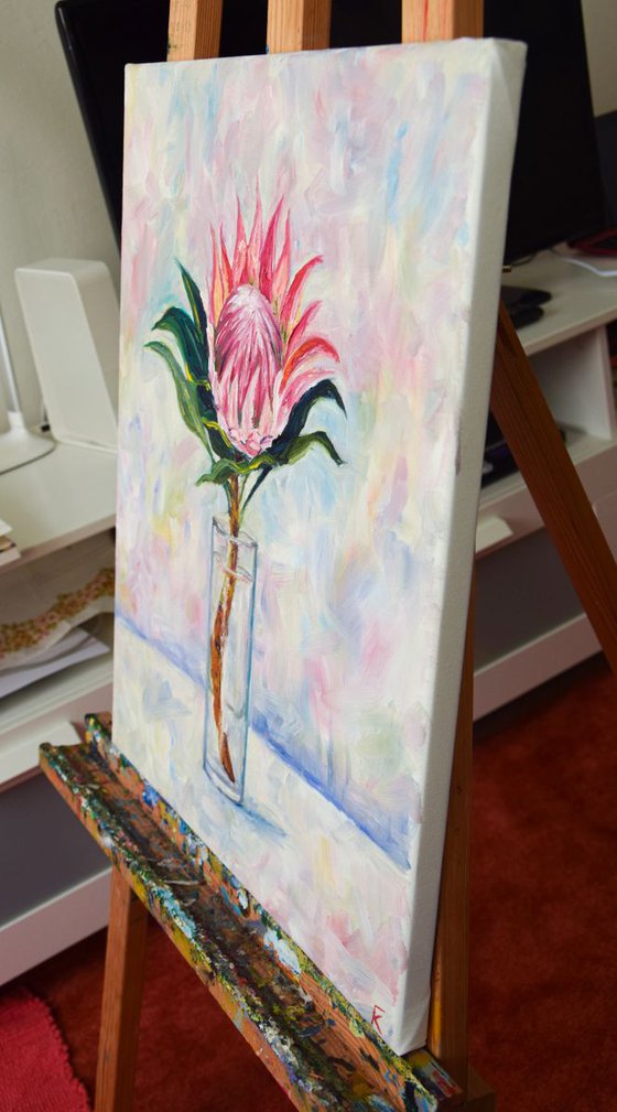 Flower protea original oil painting on canvas, pink plant in glass still life