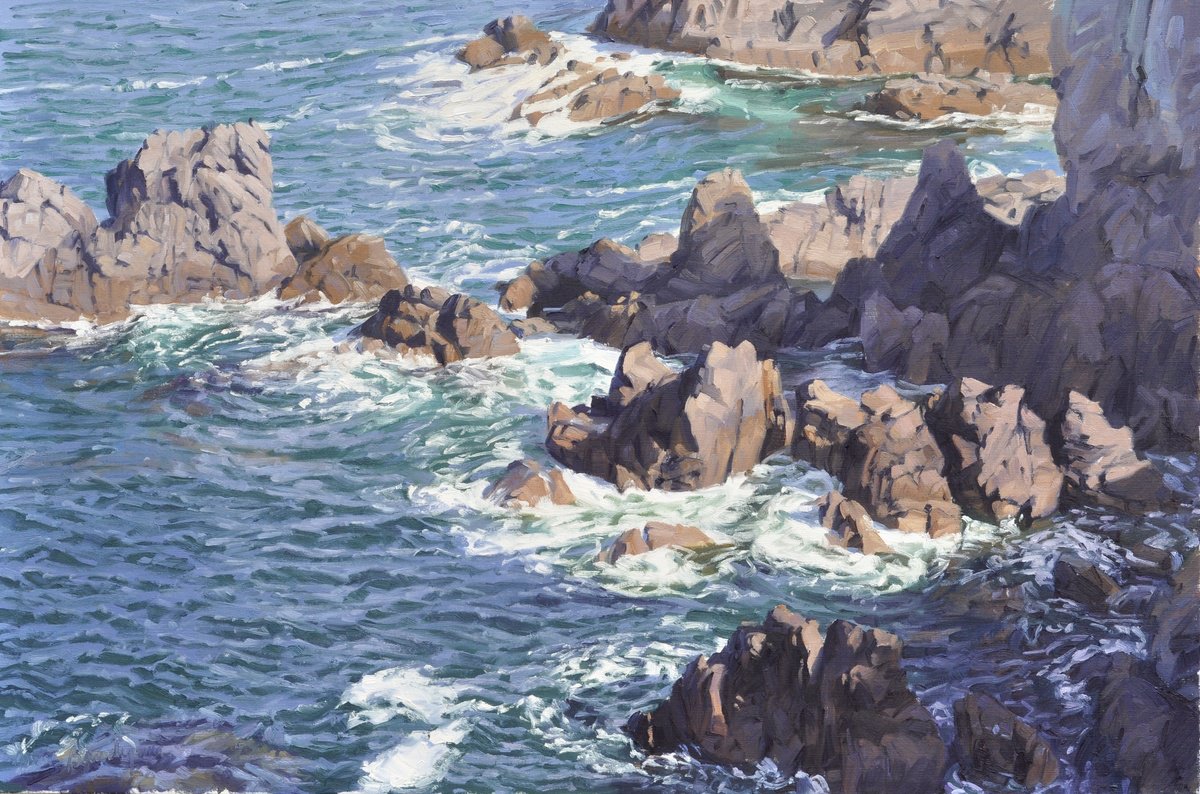 Impressionistic Landscape Oil Painting By Anne Baudequin, 36 X 24, Brittany, Rocks, Original Artwork