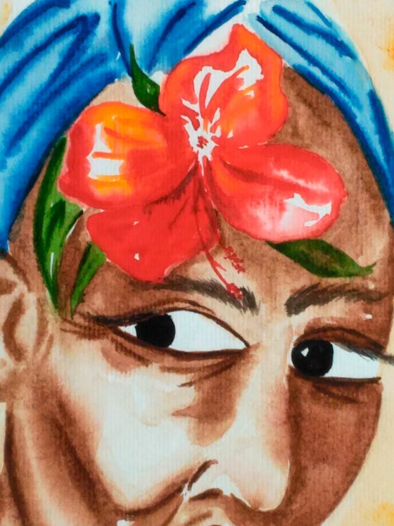 Flower Head Painting Portrait Original Art Cuban Watercolor Smoking Woman Small Artwork Home Wall Art 8 by 11" by Halyna Kirichenko