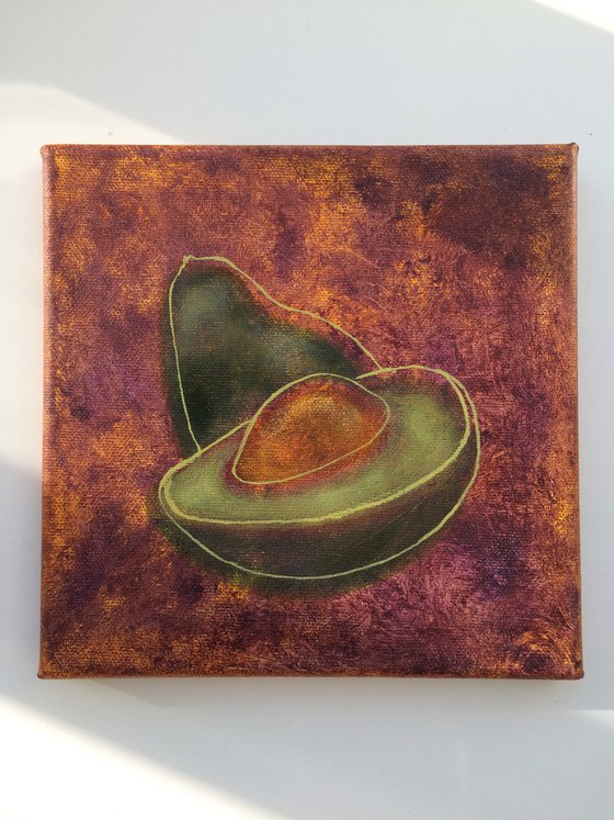 Food original oil painting - Avocado small canvas - Fruit shelf painting - Kitchen wall art - Gift idea