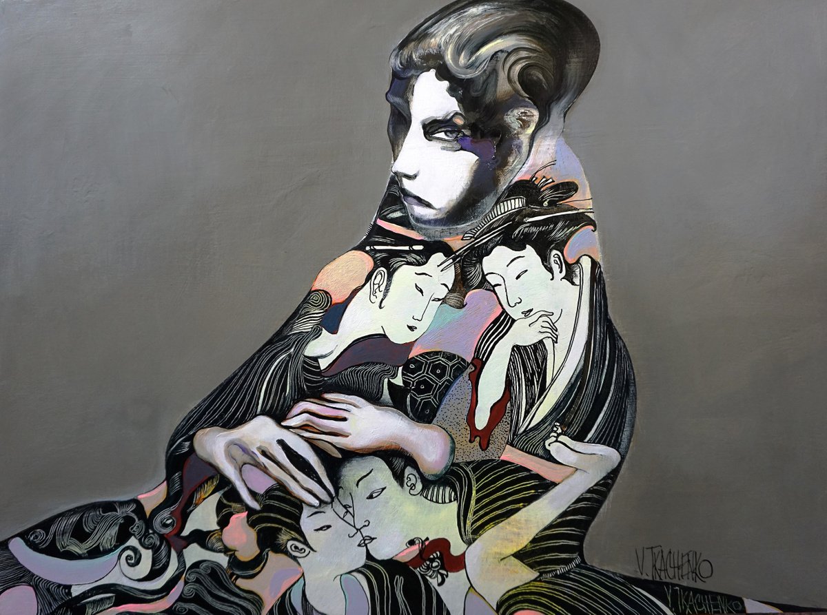 Organic Portrait Acrylic Painting By Victor Tkachenko, 24 X 18", Remember Tokyo?, Original Artwork