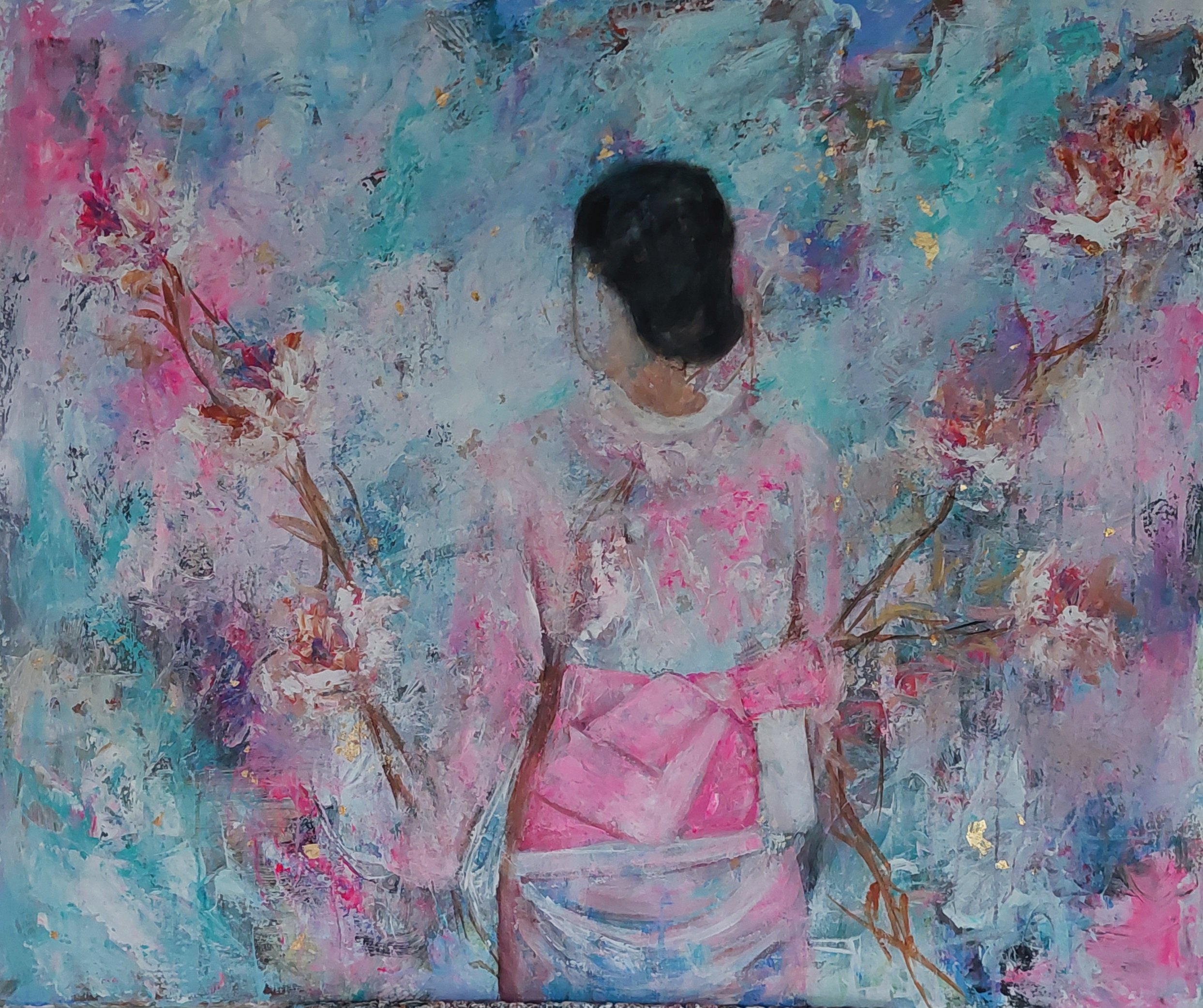 Impressionistic Botanical Painting By Els Driesen, 47 X 39, Cherry Blossom With Geisha, Original Artwork