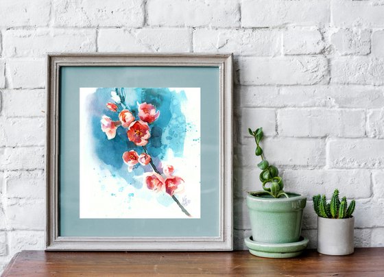 Original watercolor painting "Spring. Blooming quince twig"