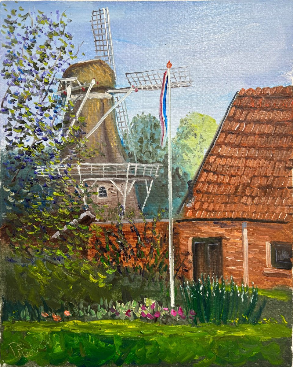 Impressionistic Cityscapes Oil Painting By Dmitry Fedorov, 16 X 20, Jan Pol Windmill In Dalen, Original Artwork