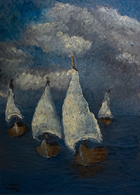 Wooden Boats In A Windy Storm
