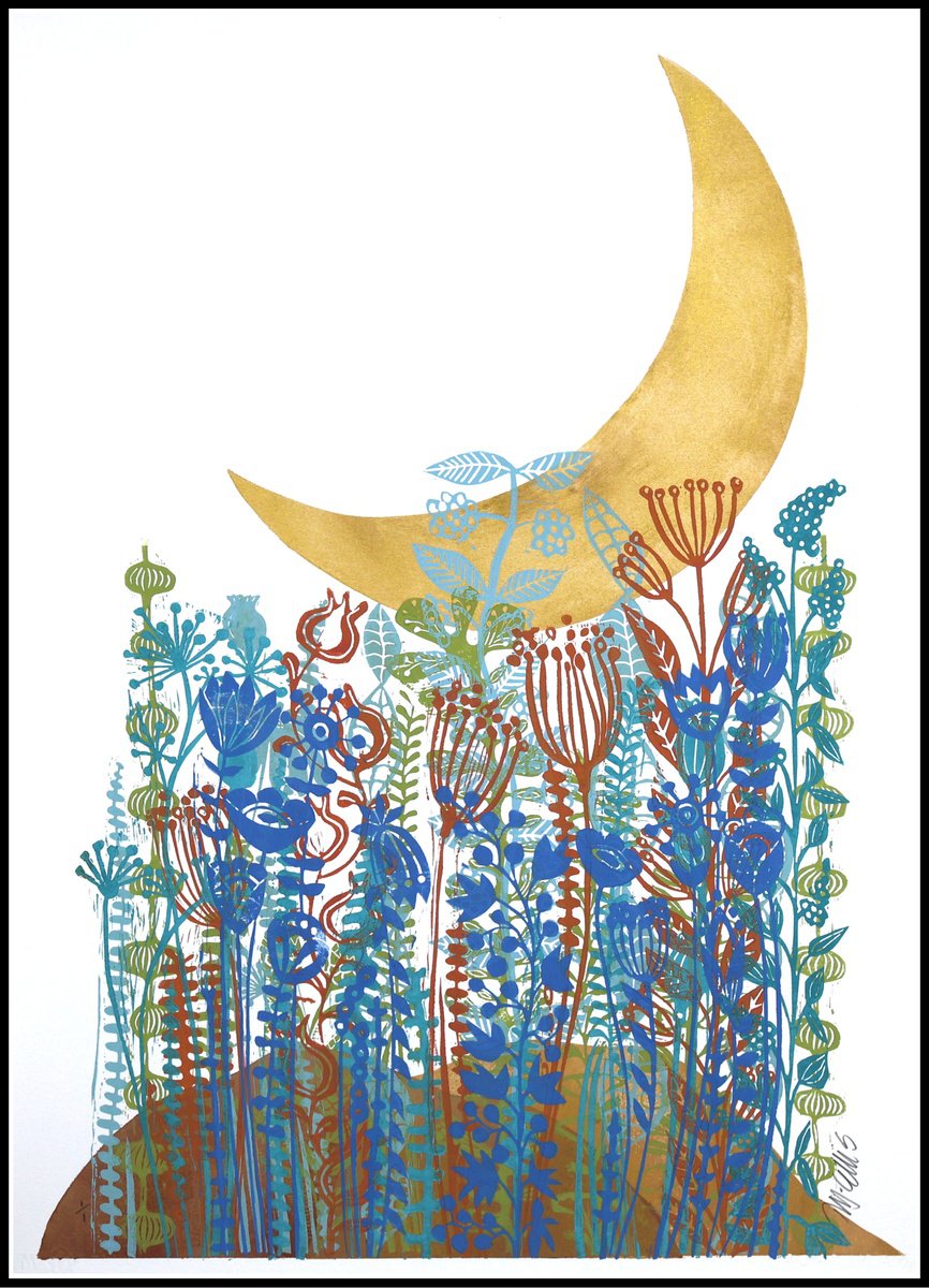 Landscape Linocut By Mariann Johansen-Ellis, 20 X 27", New Moon, Original Artwork