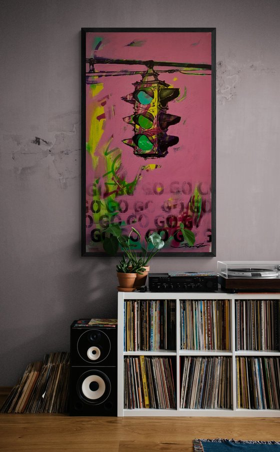 Pink vertical painting - "GO" - Pop Art - Street Art - Traffic light - Urban Art