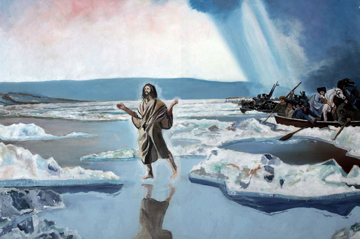 Photorealistic Portrait Oil Painting By Ken Vrana, 30 X 20", Jesus Crossing The Delaware, Original Artwork