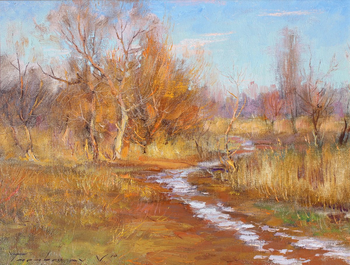 Impressionistic Landscape Oil Painting By Volodymyr Tarabanov, 16 X 12", The First Snow Melted, Original Artwork