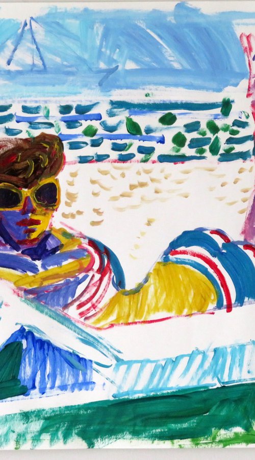 The beach with woman sunbathing by Stephen Abela