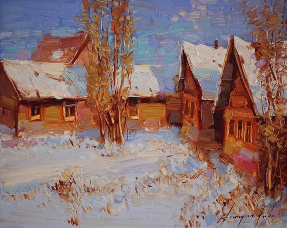 Landscape Oil painting, Village, Winter,  One of a kind, Signed with Certificate of Authenticity