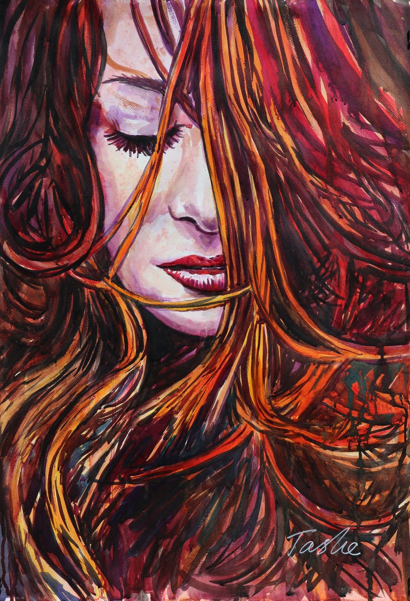 Urban And Pop Portrait Ink Drawing By Tashe, 21 X 30", "Fiery Breeze", Original Artwork