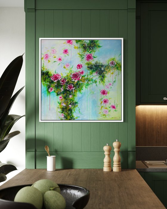 “Trailing roses” 100x100cm large acrylic