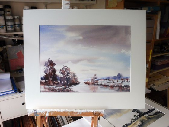 LATE SNOW, River Severn, Worcestershire. 2017. Original watercolour landscape painting.