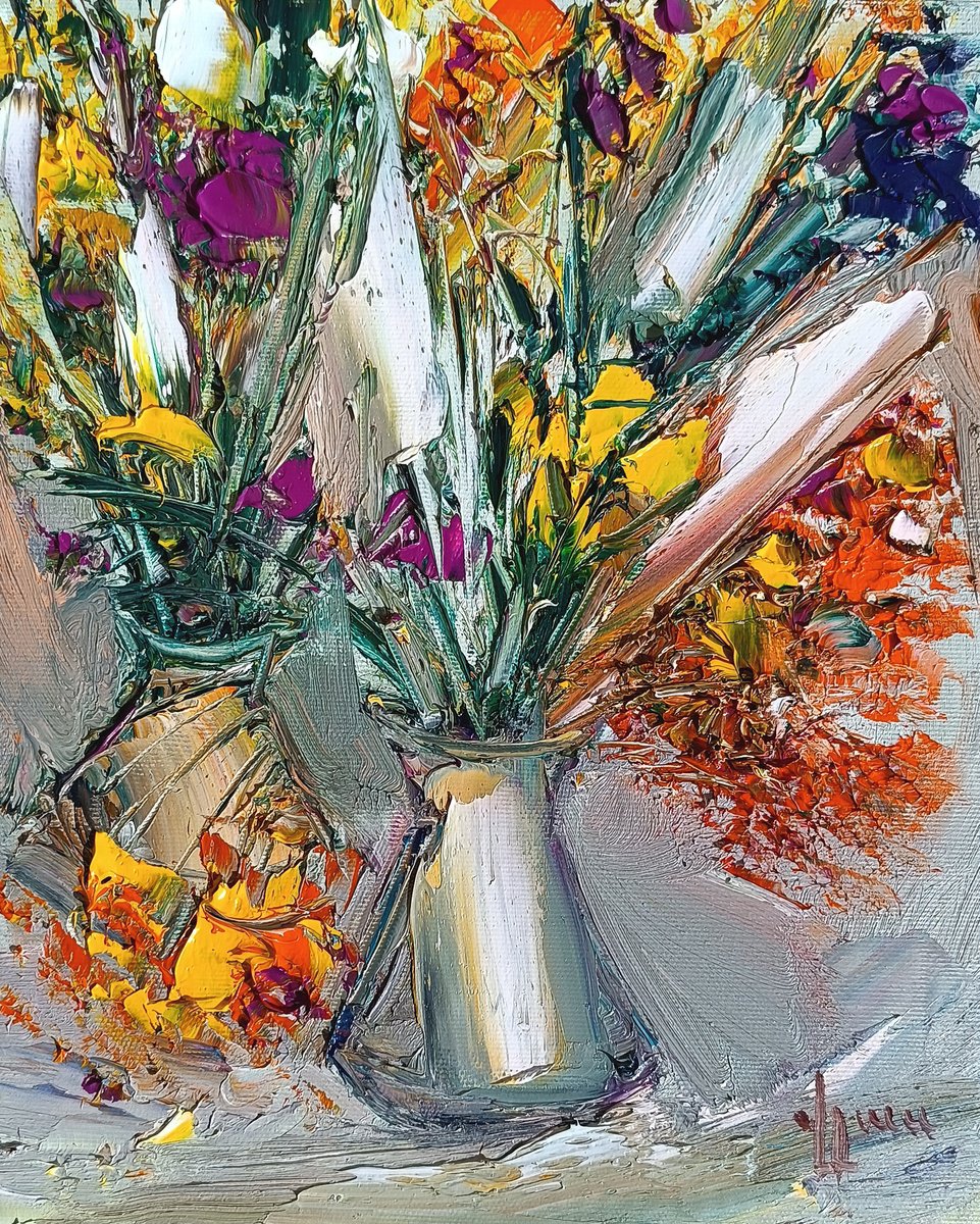 Abstract Botanical Oil Painting By Vlas Ayvazyan, 9 X 12", Still Life Flowers, Original Artwork