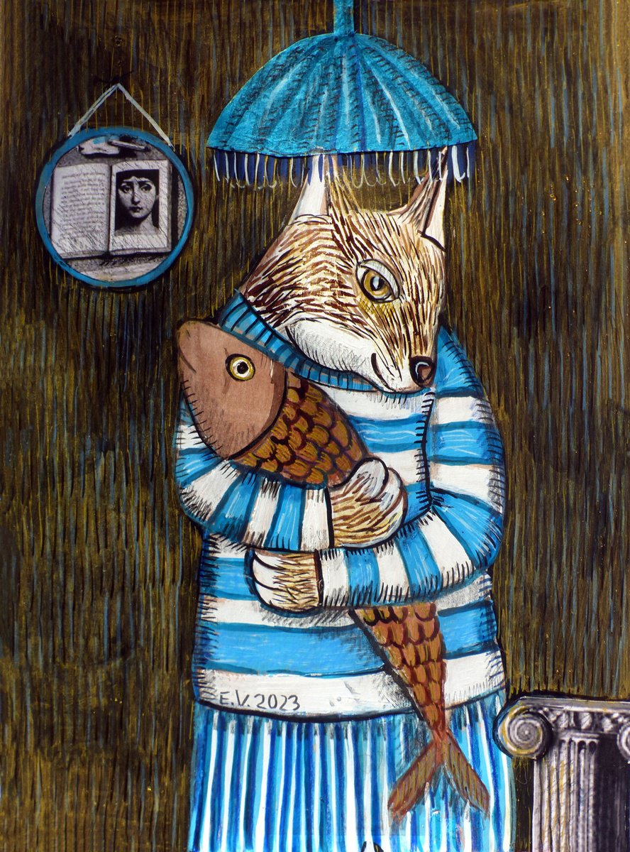 Naive Animal Painting By Elizabeth Vlasova, 9 X 12, Sailor