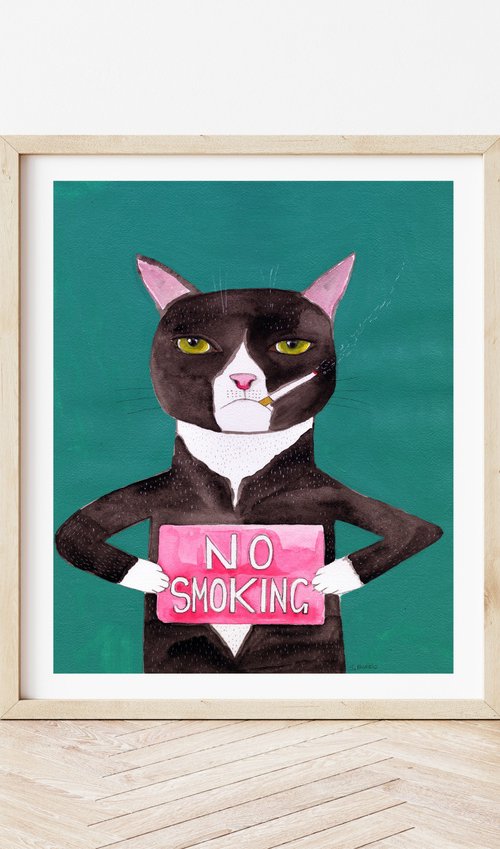 Funny Cat - No Smoking Cat Naive Whimsical watercolour cat by Sharyn Bursic