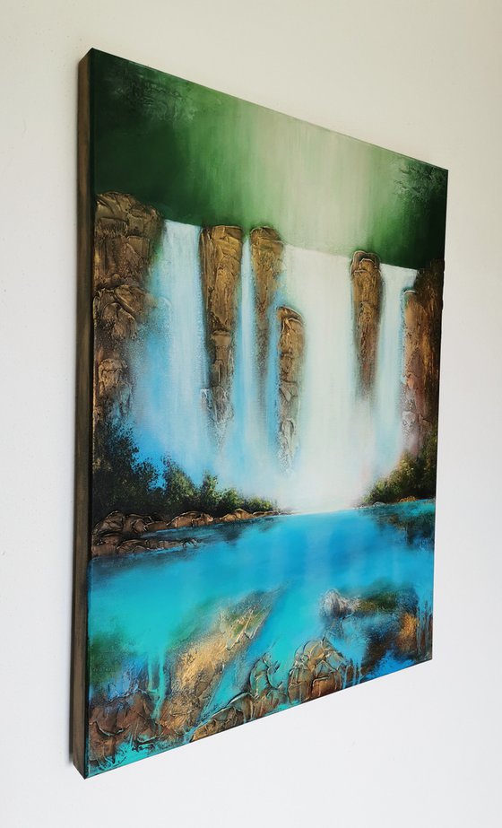A large abstract beautiful structured mixed media painting of a waterfall "Secret place"