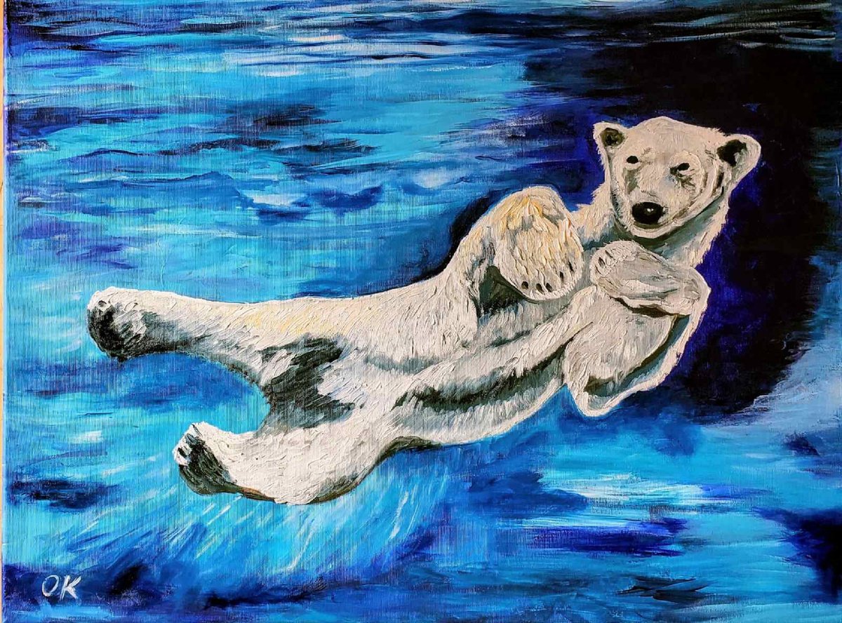 Polar bear, ocean , cool water, turquoise, deep blue, ultramarine by Olga Koval