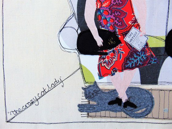 "The crazy cat lady" - textile collage