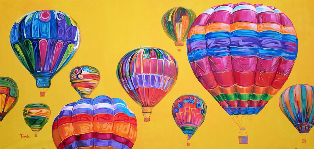 Expressive Landscape Acrylic Painting By Trayko Popov, 83 X 39", Hot Air Balloons | Blue Sky, Original Artwork