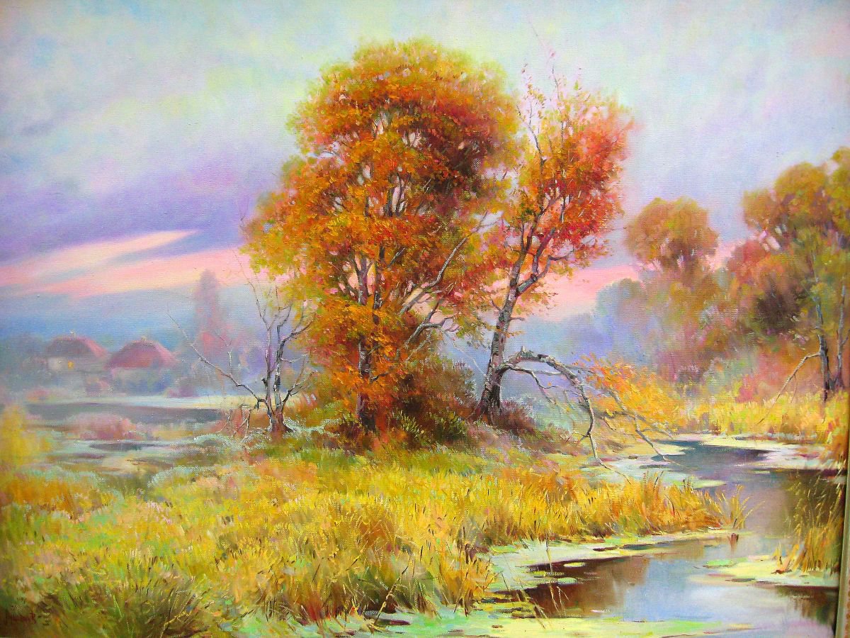 Photorealistic Landscape Oil Painting By Vladimir Lutsevich, 31 X 24", Autumn Mist, Original Artwork