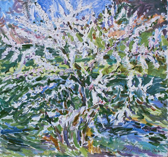 FLOWERING BUSH - original oil on canvas, floral landscape art, blooming tree plant, spring flower, interior decor