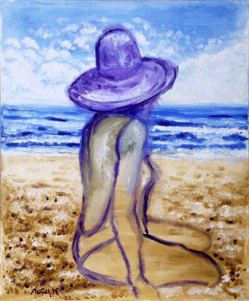 SEASIDE GIRL - GIRL WITH A HAT - Oil painting (38x46cm) by Wadih Maalouf