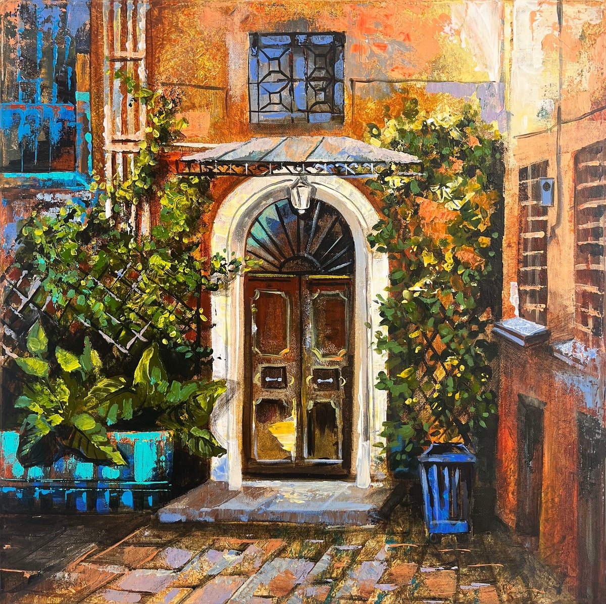 Impressionistic Cityscapes Acrylic Painting By Maria Kireev, 20 X 20", Over The Garden Wall, Original Artwork