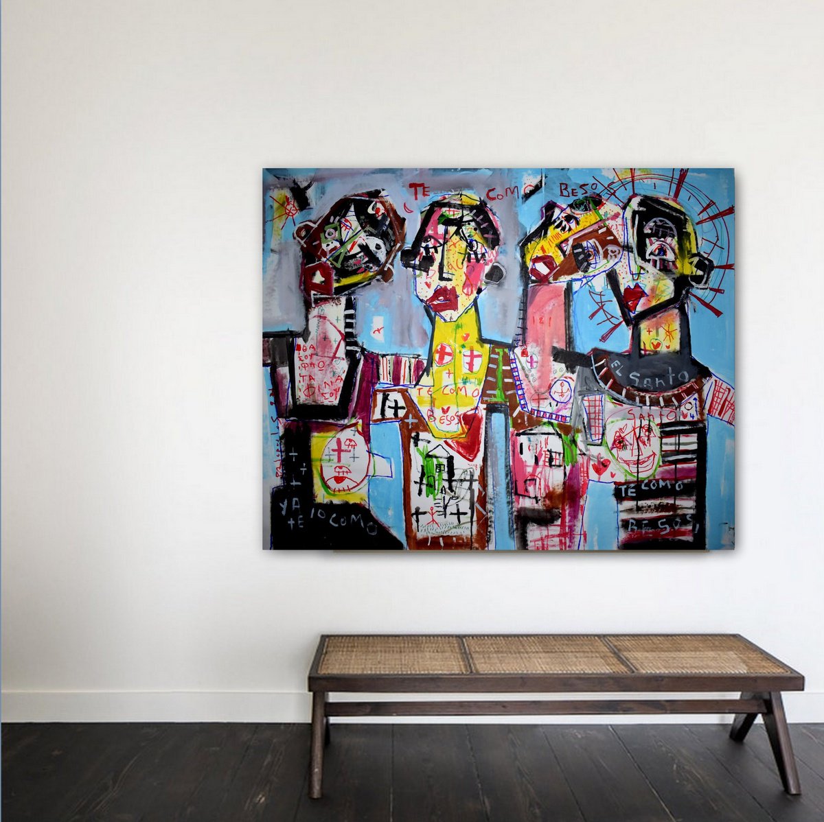 Abstract Portrait Acrylic Painting By Dimitris Pavlopoulos, 48 X 39, El Santo Y 3 Amigos, Original Artwork