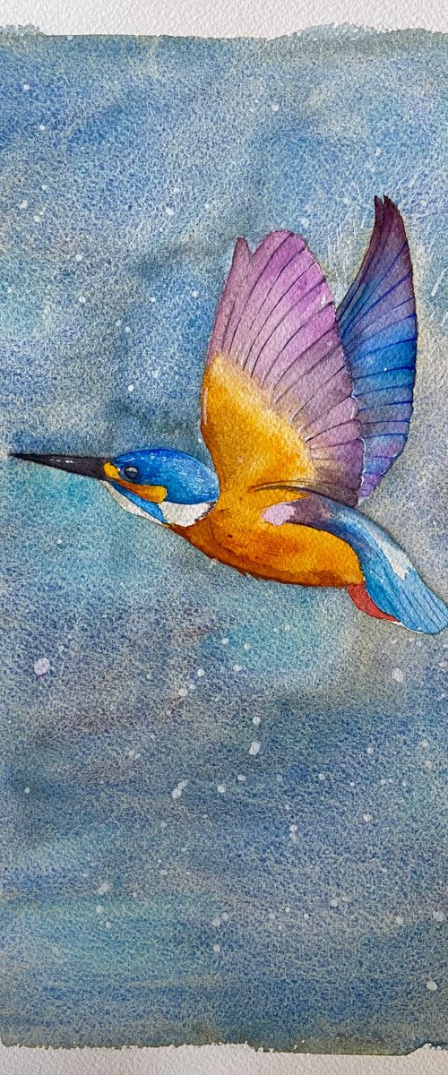 Kingfisher in flight watercolour painting by Bethany Taylor
