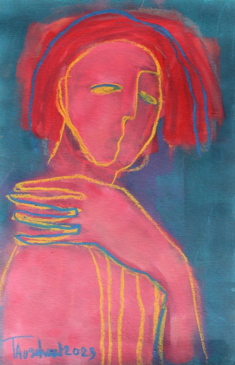 Expressive Portrait Pastel Drawing By Tatjana Auschew, 13 X 20", Portrait Of An Unknown Woman., Original Artwork