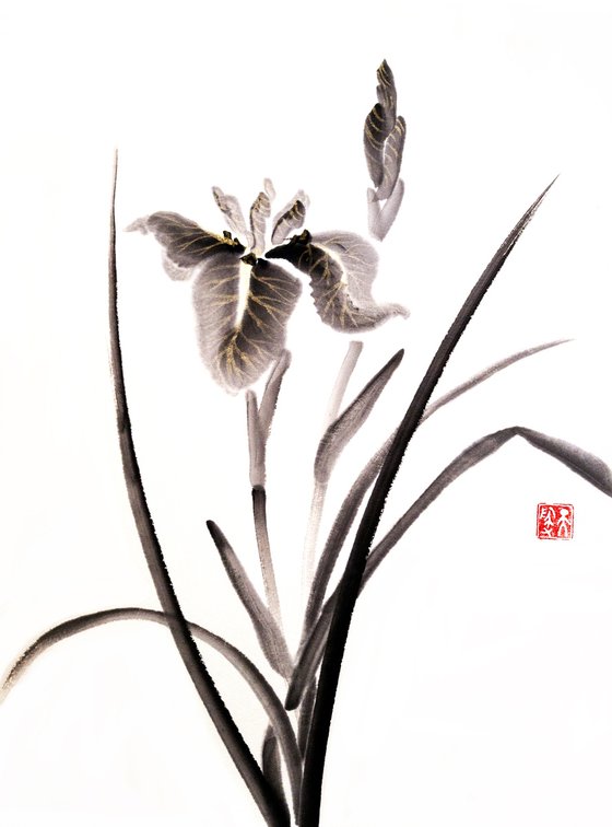 Black Monochromatic Ink Iris - Oriental Chinese Ink Painting